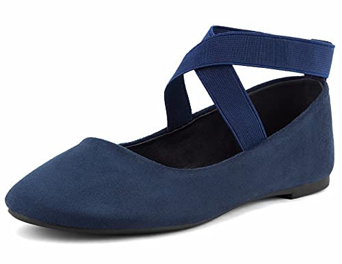 MaxMuxun Womens Ballerina Ankle Elastic Crossing Strap Round Toe Comfy Pump Shoes Navy Blue