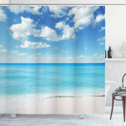 ABAKUHAUS Tropisch Duschvorhang, Exotischer Strand Vivid Sky, Stoffliches Gewebe Badezimmerdekorationsset mit Haken, 175 x 180 cm, Sky Blue Aqua