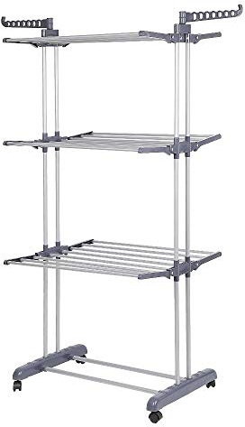 MUPAI Tancarville, 3 Niveaux en Acier Inoxydable Vêtements Pliables Airer avec 4 roulettes à Cintre, Sèche-Linge Support Rack Intérieur Blanchisserie Extérieure (Gris-Argent, 75x64x170cm)