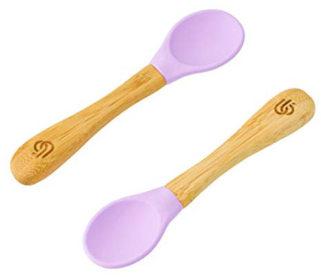 bamboo bamboo ® Cucharas De Destete Para Bebé, Set De 2 | Bambú Con Puntas De Silicona Suave | Mangos Ergonómicos De Fácil Agarre | Libre De BPA (Set De 2, Lila)