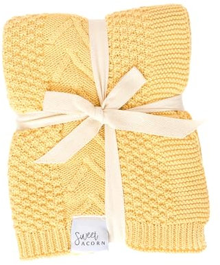 Sweet Acorn Strick-Babydecke mit Zopfmuster, Bio-Baumwolle, Decken für Kinderbett oder Kinderwagen, Empfangsdecken - Buttergelb