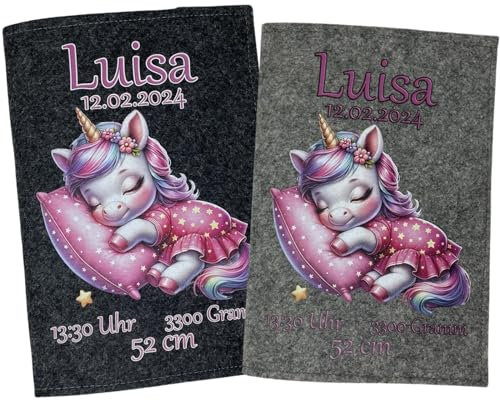 U Heft Hülle und Impfpass aus Filz - Personalisiert mit Namen - Untersuchungsheft Schutzhülle - Babygeschenke zur Geburt - Kinderuntersuchungsheft Mädchen und Junge - Einhorn auf Kissen