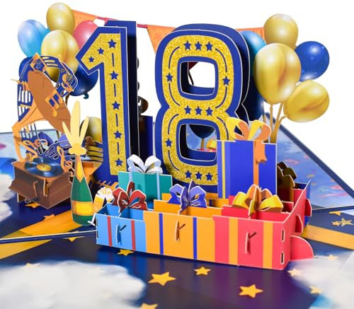 3D Pop-Up Karte 18. Geburtstag oder 18. Hochzeitstag – Festliche Karte mit Ballons, Geschenken, goldenen Akzenten und Musikinstrumenten für Jubiläum und Geburtstagsfeier