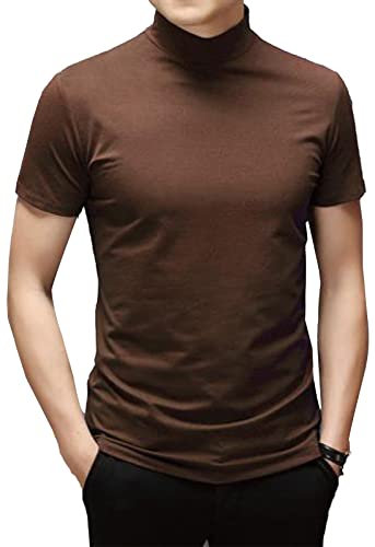 Mens T Shirt Short Sleeve Basic Mock Turtleneck Slim Fit Undershirt Pullover Thermal Solid Tops Coffee Brown XL