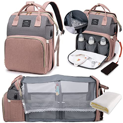 LEcylankEr Wickelrucksack mit Babybett - Große Wickeltasche Rucksack mit Wickelauflage & Isoliertasche & Moskitonetz & USB-Ladeanschluss (Rosa grau)