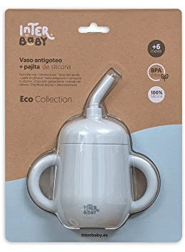 Interbaby - Vaso Aprendizaje Bebe Antigoteo | Vaso Antiderrame Bebe Silicona, Dos Asas, +6 Meses | Vaso con Pajita Niños, Cómodo, Evolutivo, Sin BPA | Azul Grisaceo