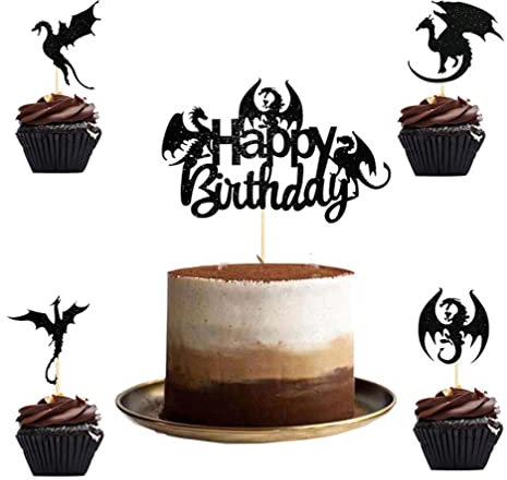 Houhounb Schwarzer Drache Cake Topper Cupcake Flying Dragon Geburtstag Kuchen Dekoration Cupcake Picks Kuchen Dekorationen für Dinosaurier Thema Party Dekorationen, 25 Stück