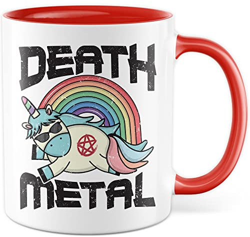 Mug Death Metal Cadeau Licorne Tasse à café Tasse à café avec motif drôle Tasse à thé Rock Rocker Heavy Metal Punk Licorne humoristique (Blanc/Rouge)