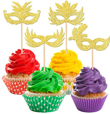 Rsstarxi 36 Pack Masquerade Masks Cupcake Toppers Glitter Mardi Gras Carnival Cupcake Picks Bachelorette Mask Cake Decorations for Baby Shower Birthday Carnival Party Supplies Gold