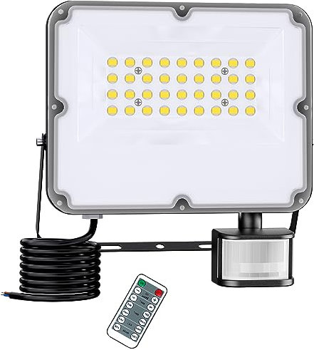 FEAHRZEUG 30W with PIR Remote Control LED Security Lights Outdoor Motion Sensor Mains Powered 3000 Lumen 6000K Cool White IP66 Waterproof Plug in Garden Flood Light Pir Floodlight Outside Garages