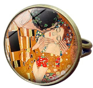 AMAZETEC The Kiss Klimt Ringe für Frauen, Schmuck, Van Gogh, Sternennacht, Foto, handgefertigt, verstellbar, Geschenk für Mädchen, 25, Glas, Erstellter Peridot
