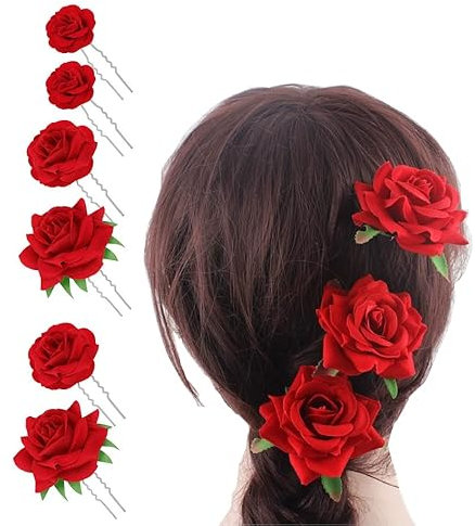 Haarnadeln für Damen, rote Rosen, Haarnadeln, U-förmig, Brautkopf, Bobby-Pins, Blumen-Clips, mexikanische Haarrosen, Haarspangen für Damen, Mädchen, Hochzeit, Party, Tanz, 6 Stück (S, M, L)