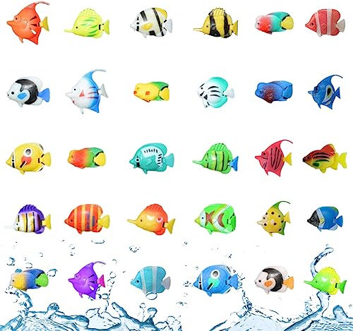 HyzaPhix 30 Stück schwimmende Fische, künstliche bewegliche Fische, Tropische Fische, Ornament, winzige Fischfiguren, Spielset für Aquarium, Aquarium, Blasen, Lampe, Dekorationen (zufällig)