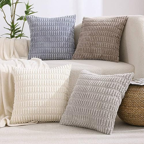 All Smiles Kissenbezug 40x40 cm Rustikales Bauernhaus Boho Heimdekoration weicher Plüsch Gestreift Cord Quadratische Kissenbezüge 4er Set für Wohnzimmer Couch Neutrale Deko