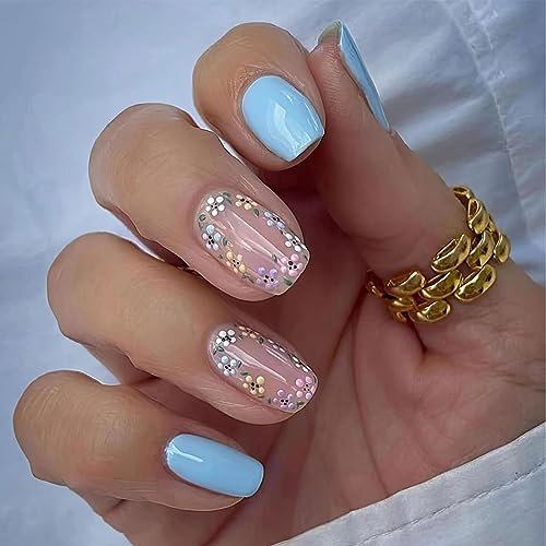 Kinretixia® Fleurs à presser sur les ongles courts et carrés avec motifs floraux faux ongles - Couverture complète - Colle brillante