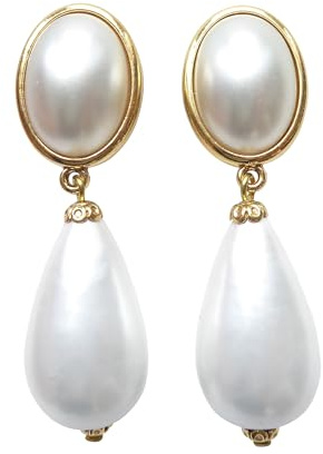 Leichte sehr große Ohrstecker Ohrringe vergoldet perlmutt-weiß Anhänger tropfen-förmig Designer JUSTWIN klassisch elegant chic Hochzeit Braut