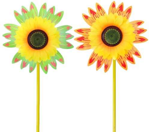 TULEBOLIAN 2 Stück Sonnenblume Windmühle, Windspiel, Gartenstecker, Dia 25cm, Windräder Vogelabwehr, für Garten Hof Balkon, Gartendeko, Hochwertiges PVC-Material, Wasserschutz, Sonnenschutz, Gelb