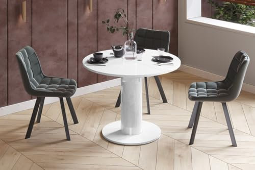 Design Esstisch rund HES-111 Weiß Hochglanz ausziehbar 100 cm bis 148 cm runder Esszimmertisch Küchentisch rund Funktionstisch oval Kitchen Table Esszimmer Dining Table Ausziehtisch Konsolentisch