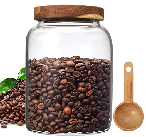 Foyofly Glass Coffee Storage Jar with Wooden Lids Spoon Thicken Canister Borosilicate Food Containers for Ground Coffee Beans Overnight Oatmeal Tea