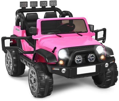 COSTWAY 12V Electric Ride on Car, 2-Seater Battery-powered Truck with Remote Control, LED Lights, Music, Horn, USB/TF/AUX, 4 Suspension Wheels Vehicle Toy for Boys Girls (Pink)