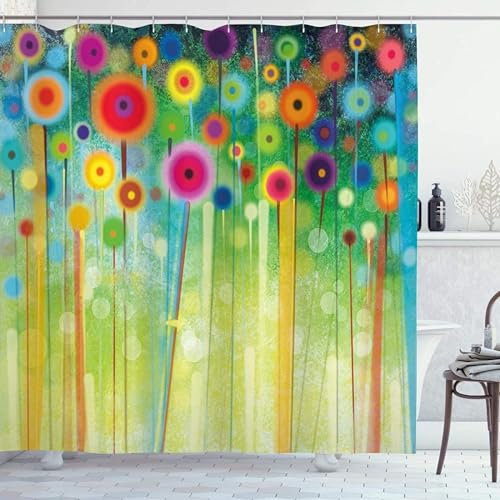 HATEGE Duschvorhang 180x180 Löwenzahn, Duschvorhänge Antischimmel 3D Farbenfrohe Blumen, Shower Curtains Waschbar, Badevorhang für Badewanne Badezimmer, mit 12 Ringe DS741