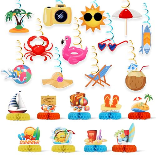 21 Stück Sommerparty-Dekorationen, Strand-Waben-Mittelstücke, Sommer-Strand-Hängedekoration für Strand, Geburtstagsparty und Sommerzeit, Hawaii-Party