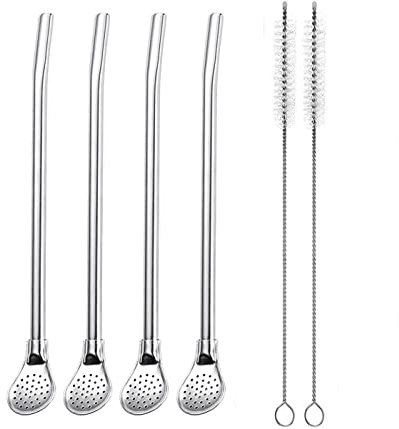 4 Stainless Steel Drinking Straws - with Filter Spoon,Removable Stainless Steel Straw Filter Spoon,for Filter Sediment,Loose Leaf Tea&Stirring,with 2Cleaning Brushes,Reusable Yerba Mate Bombilla Straw