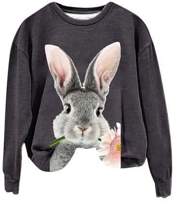 UnoSheng Damen-Sweatshirt mit niedlichem Hasen-Motiv, rundem Halsausschnitt und Langen Ärmeln ohne Kapuze Oversized Shirt Damen (Dark Gray, XXXL)