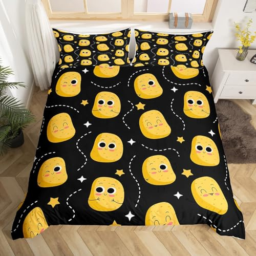 Homemissing Cute Kartoffeln Bettwäsche Set 155x220cm Kinder Eine Kartoffel Bettbezug Set für Jungen Mädchen Witzig Vegetables Chips Betten Set Schwarz Kawaii Cute Bettdeckenbezug Dekoration 2Stück