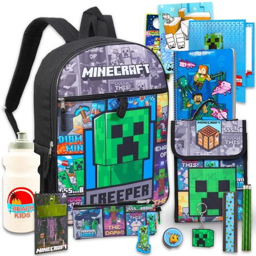 Minecraft Rucksack mit Lunchbox Schulbedarf-Set – Bündel mit 40,6 cm Minecraft Rucksack, Minecraft Lunchbox, Wasserflasche, Ordner, Bleistiftbeutel, Aufkleber, mehr | Minecraft Schulrucksack-Set,