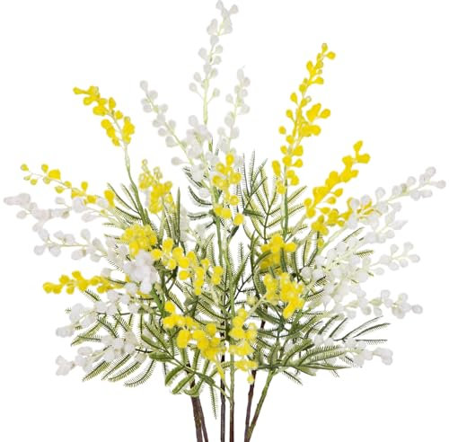 Oairse 6PCS Kunstblumen Künstliche Gelbe Mimose Spray Kirsche Seide Gefälschte Blume für Hochzeit Heimdekoration Esstisch, Schlafzimmer Dekoration, Weiß-Gelb