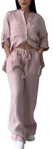 shownicer Ensemble Femme Chic Et Elegant 2 Pièces Tenue Pantalon Et Haut Ensemble en Lin Décontracté Tenue Deux Pièces Outfits Set Couleur Unie Loungewear A Rose S