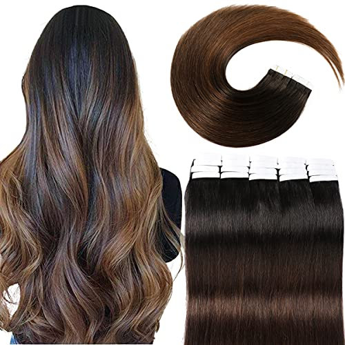 VINBAO Invisible Tape in Extensions Echthaar Schwarz Balayage Schokoladenbraun Haarverlängerung Echthaar Tapes Glatt 20 Stück 50cm 50g Tape in 20 Zoll #1BT4