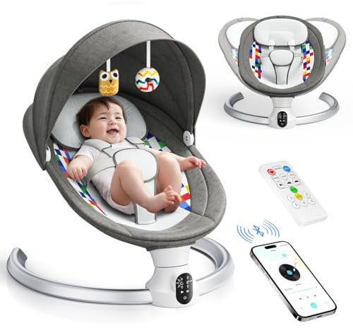 Aoykkii Electric Baby Bouncer with Mobile App Control,Remote Control and IMD Touch Panel,Baby Swing Chair with 5 Swing Amplitudes 3-Stage Timer,Toddler Soft Padded Newborn Bouncer