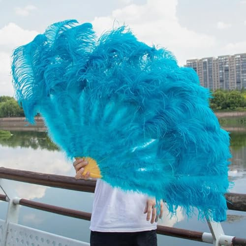 YTETDE Large White Ostrich Feather Fan 100cm 130cm Lady Party DanceFoldable Craft Fans-sky blue-small fan 2pc