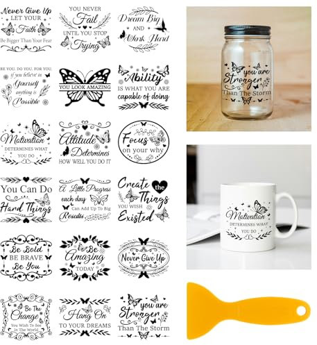 GLOBLELAND 18 Sheets Inspirational Words Rub on Transfer 3.9x3.6inch Butterfly Home Decals Leaves Cup Transfer Decals for Furniture Vase Glass Art Crafts Decorations