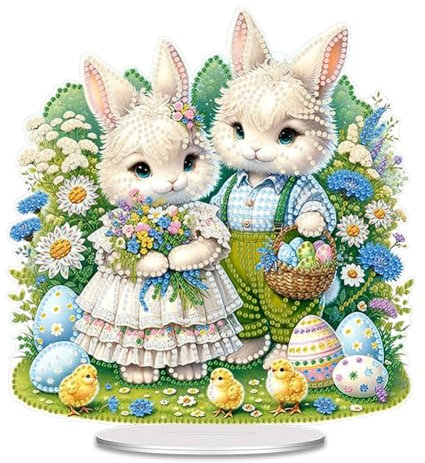 Starnearby DIY Diamond Painting Ostern Deko Diamond Painting Aufsteller Diamant Painting Ostern Tischdeko Diamant Malerei Stehend Kunst Set Osterdekoration Geschenke für Frauen (zwei Kaninchen)