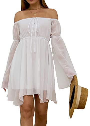 FDKLOOK Off Shoulder Dress for Womens UK Bell Sleeve Lace-Up Irregular Fairy Chiffon Long Sleeve Mini Dress White XL