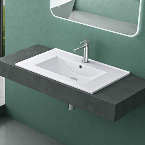 Mai & Mai Lavabo Encastré en Céramique 70cm Blanc Lave Mains Rectangulaire avec Perçage de Robinet et Trop-Plein 71x47x18cm BR912