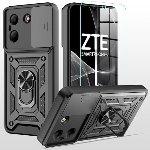 MQERYBV hülle für ZTE Blade A34 / ZTE Blade A54 Handyhülle Kameraschutz Slide Camera mit Glasfolie Schutzfolie, 360 Grad Drehbar Metall Ring Fallschutz Handy Hüllen Outdoor Schutzhülle Cover Schwarz