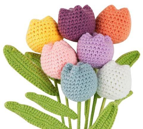 CHENGCKJ Bouquet di tulipani artificiali all'uncinetto, 7 pezzi, fiori fatti a mano, tulipani fatti a mano, fiori intrecciati all'uncinetto, per la decorazione della casa, bouquet di nozze, regalo