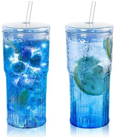 KOOSREEL Iced Coffee Cup, 2 Pack 20Oz/600ml Clear Glasses Cups with Lids and Glass Straws Drinking Glasses for Milk, Ice Water, Juice, Coffee, Soda,Cocktail,Cold or Hot Drinks