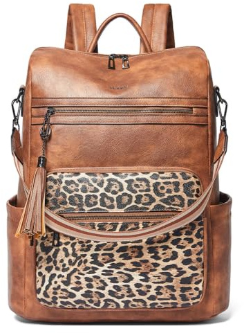 Shrrie 15.6 Inch Laptop Backpack for Women - Large Leather Travel Backpack Purse Water Resistant for Casual College Work Carry-on - Brown with Leopard