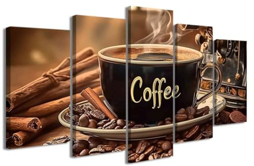 LZIMU 5 teiliges Kaffee Leinwandbild für die Küche Wanddekoration Kaffeetasse und Bohnen Gemälde Drucke Vintage Poster für Esszimmer Café Bar Gerahmt (Braun, (55L x 100B cm))