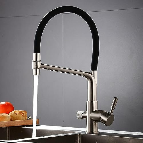 3-Wege-Küchenarmatur mit ausziehbarem Wasserfilter, 2-Hebel-Mischbatterie und Osmose-Funktion, grau, gebürstetes Nickel, perfekt für Zuhause und Küche