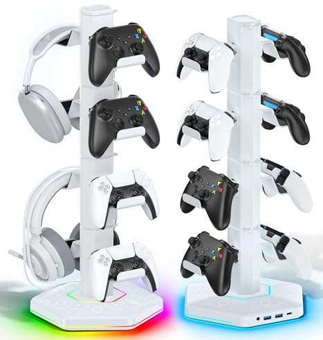 Support Multifonction pour Manettes et Casque avec Ports USB, Crochet Détachable pour Organisateur de Câbles, Rangement Accessoires Gaming pour PS5/Xbox/Switch, Idéal en Cadeau pour Gamers (Blanc)