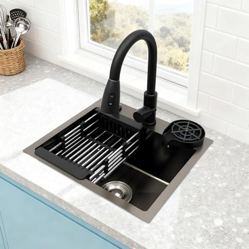 BAOCHADA Spülbecken Schwarz 45×40cm,Waschbecken Küche mit Tassenspüler und Drainage Komponenten,Küchenspüle Schwarz,Spülbecken Küche Eckig für Schränke mit einer Breite von mindestens 40 cm