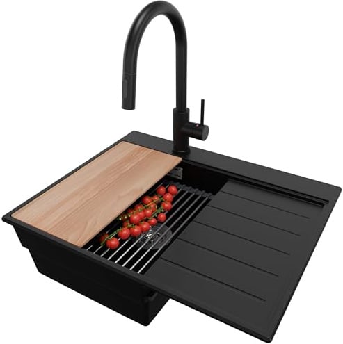 PRIMAGRAN Granitspüle ab 40er Unterschrank + Küchenarmatur, 62x50cm | Set: Küchenarmatur BW9010 + Ablauf-Set (Siphon, Ablaufgarnitur, Überlauf) + Spülbecken 1 Becken - Sydney Ergo, Schwarz