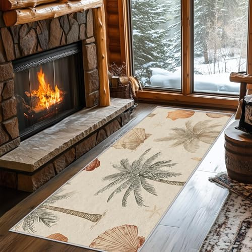 AUWUUA Palm Tree Hallway Runner Rug 160x220cm(5.2×7.2ft) Washable Non Slip Leaf Coconut Tree Shell Botanical Plant Carpet for Kitchen Bedroom Entryway Living Room Laundry Bathroom Yoga Floor Mat