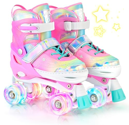 NEMONE Kinder Rollschuhe für Mädchen | 4 Größen Verstellbar Leucht Rollschuhe, Meerjungfrau Schmetterling Inline Rollschuhe für Anfänger